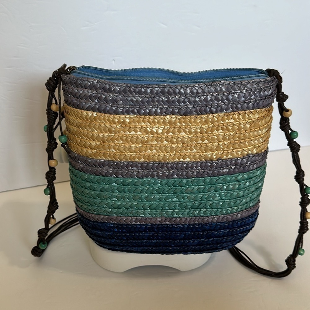 Beaded straw handbag with colorful accents. Purple and blue nouveau crossbody - Picture 9 of 13